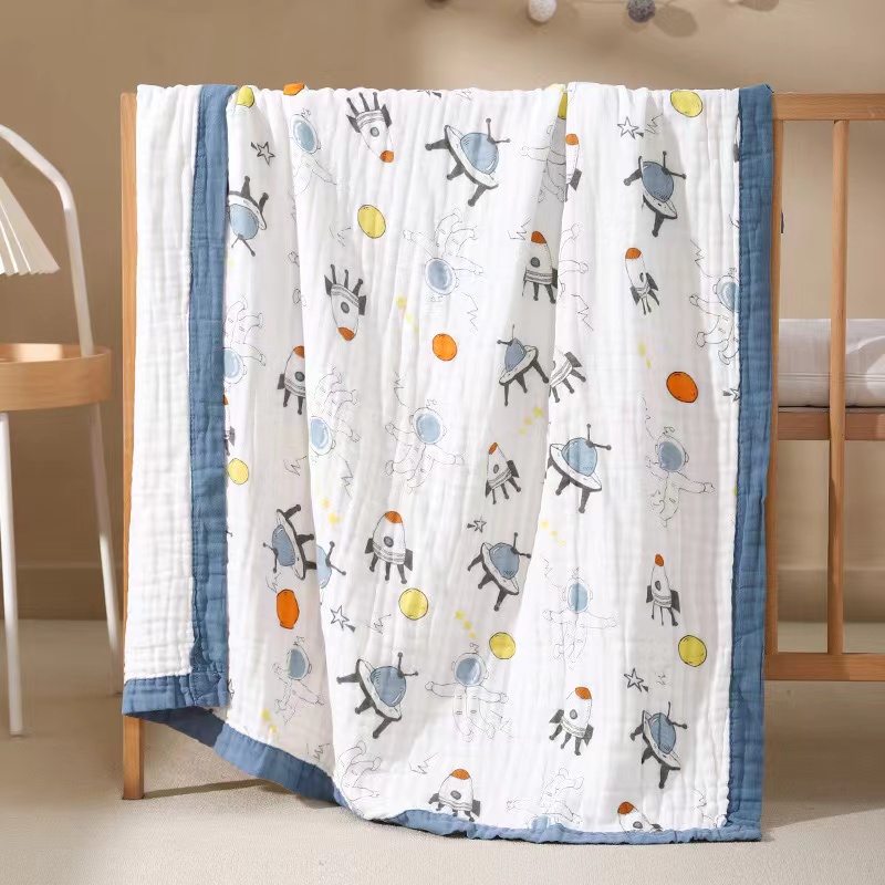 6-Layer Printed Muslin Baby Blanket with Colorful Pencil Edge