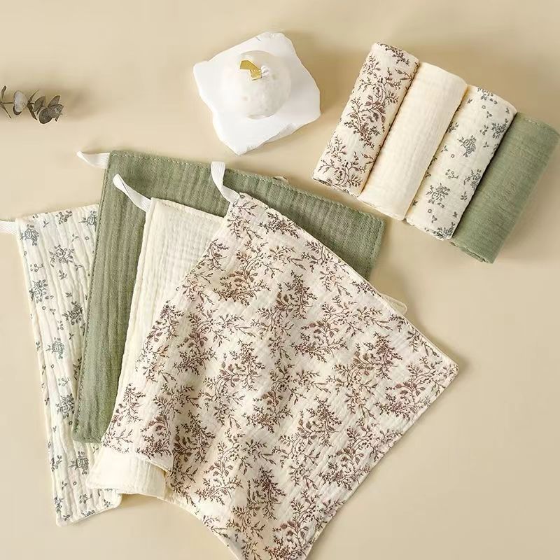 4-Layer Crepe Printed & Solid Color Baby Towel 4-Piece Set